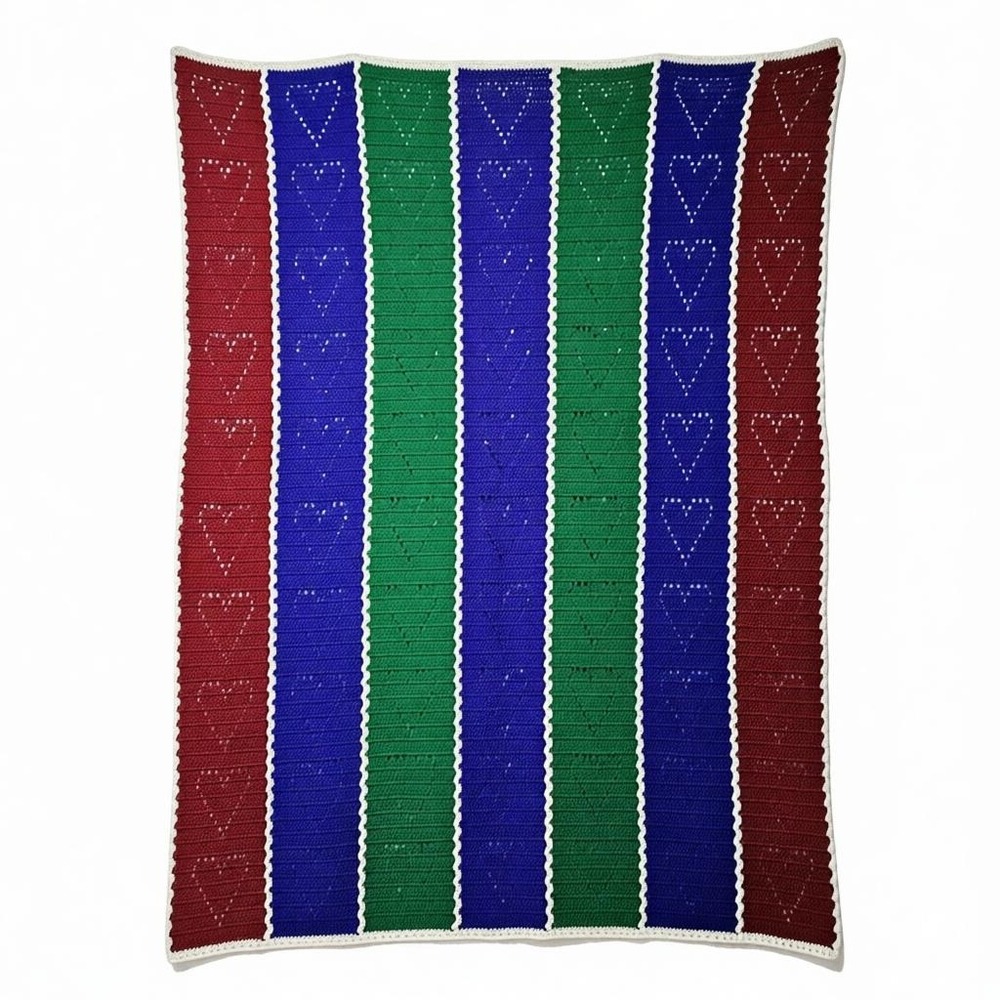 Handmade Stripe Heart Crochet/Knit Afghan Blanket Throw Brown Blue Green 66"x50"